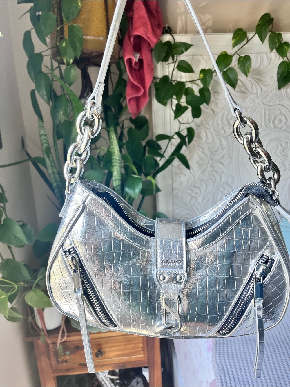 ALDO Silver Faux Croc-Embossed Metallic Shoulder Bag